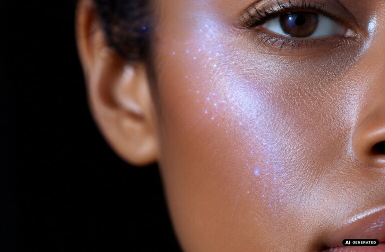 Exosomen – Wange einer Frau mit angedeuteten glitzernden Lichtpunkten