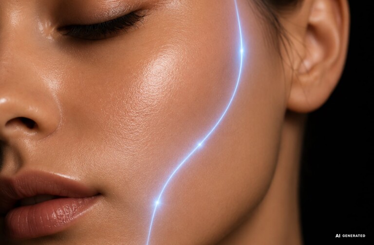 Laser treatment – Cheek area with a suggested blue laser line
