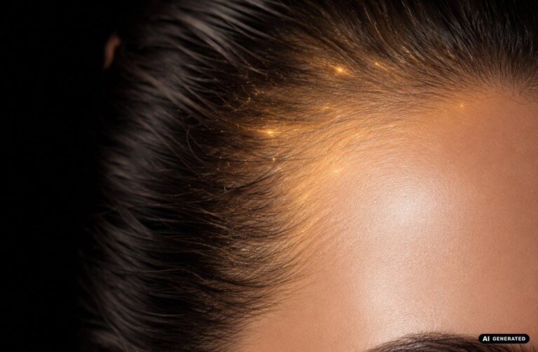 PRP (Platelet Rich Plasma) – Haaransatz einer Frau mit angedeuteten goldenen Lichtpunkten