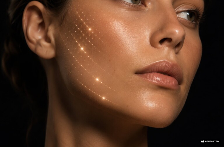 SCULPTRA® – Wange einer Frau mit angedeutetem goldenem Stützgerüst-Muster