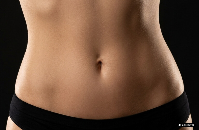 Bauchdeckenstraffung (+Liposuktion) – Nahaufnahme einer flachen Bauchpartie vor schwarzem Hintergrund