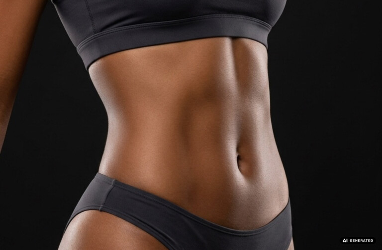 Body-Contouring (Champagnerrinne, Sixpack etc.) – Definierte Bauchpartie einer Frau in dunkler Sportkleidung