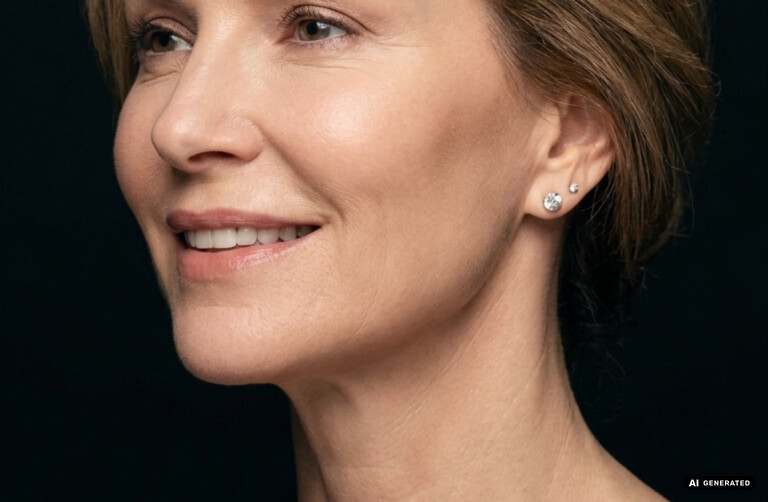 Deep Plane Facelift + Neck-Lift – Halbprofil einer lächelnden Frau mittleren Alters vor schwarzem Hintergrund