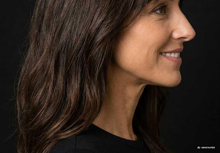 Deep plane facelift + neck lift – Profile shot of a smiling woman with wavy hair against a black background