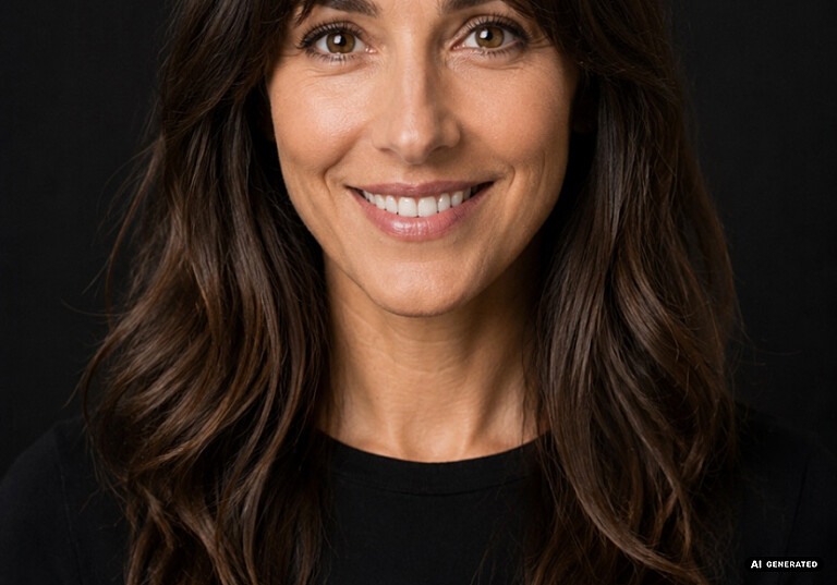 Deep plane facelift + neck lift – Frontal portrait of a smiling woman with long wavy hair